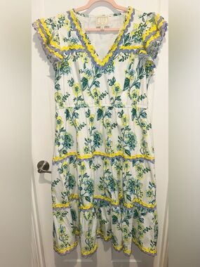 Sail to Sable White Floral Tiered Dress with Yellow & Green Accents SIZE XL